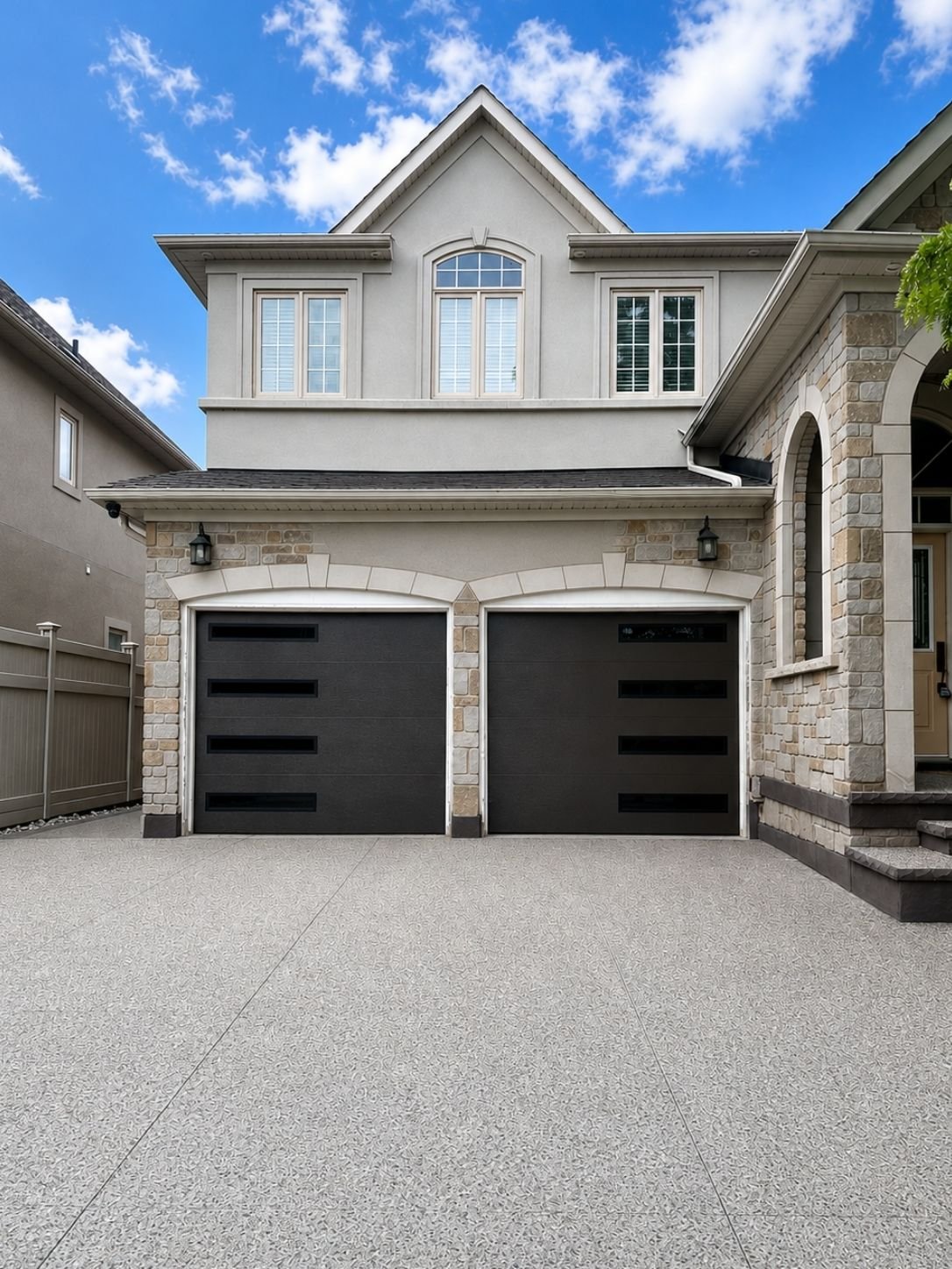 After installation: two black garage doors with vertical windows